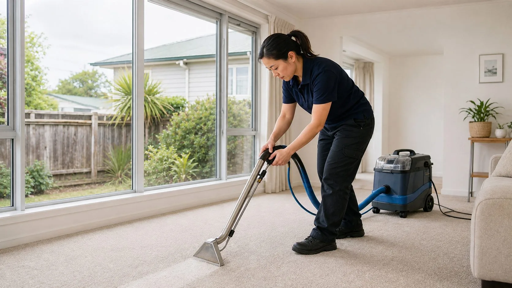 One cleaner using professional extraction equipment on carpet in an Auckland home