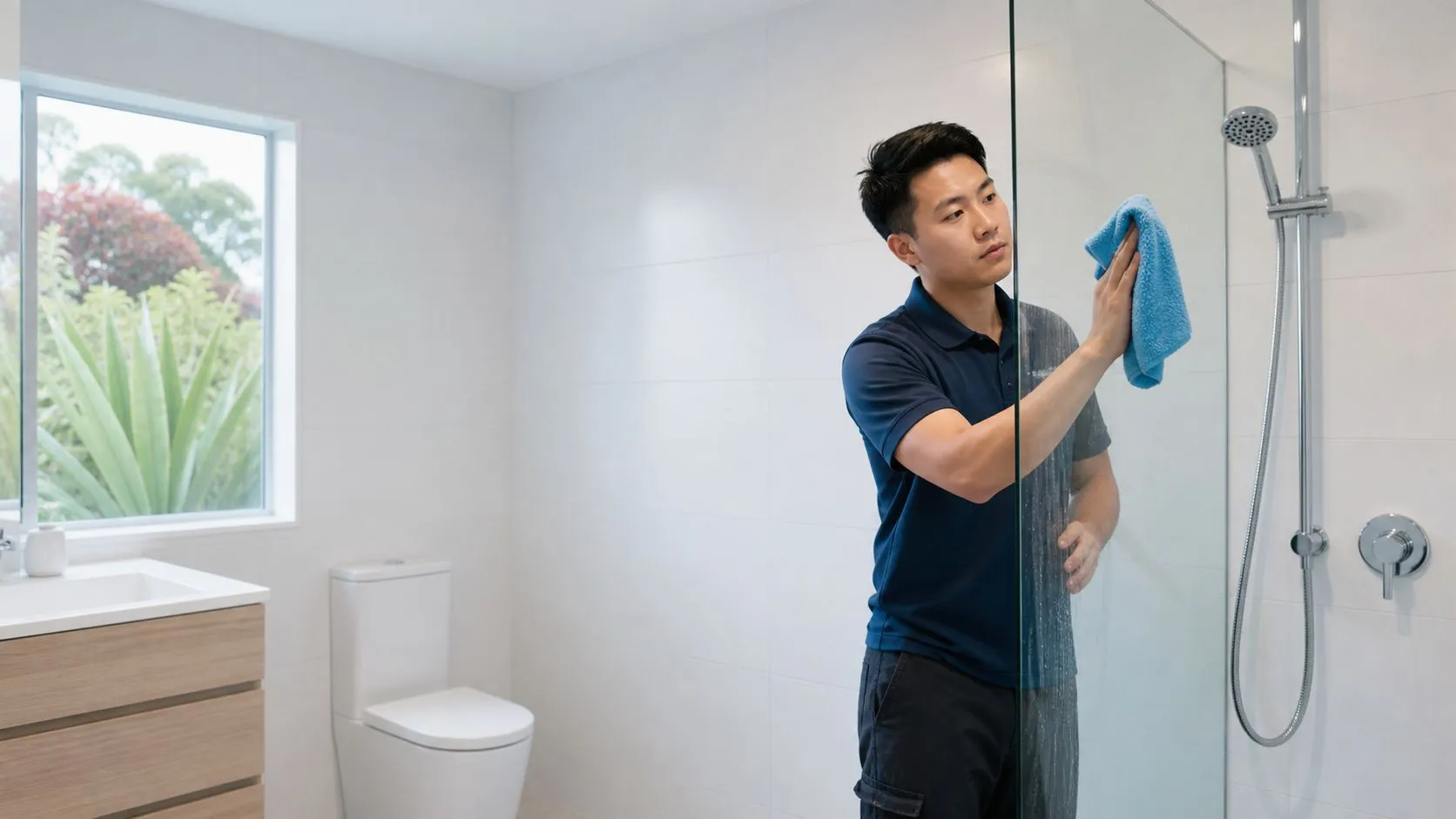 One cleaner wiping bathroom glass