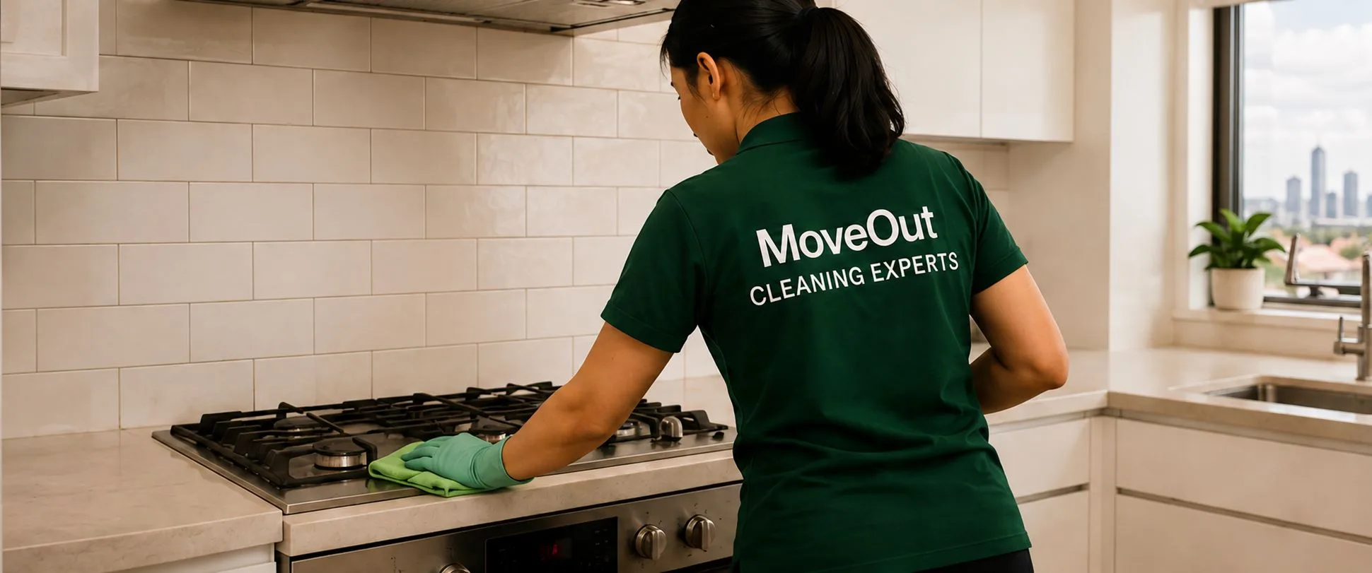 One cleaner in a MoveOut uniform wiping a kitchen benchtop inside an Auckland home
