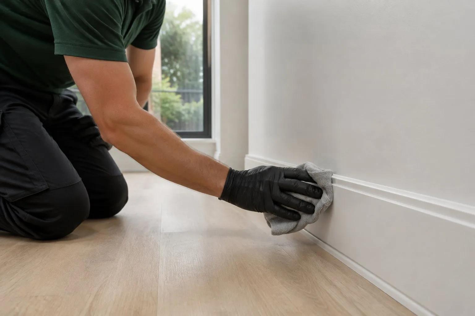 One cleaner wiping a white skirting board inside a New Zealand home