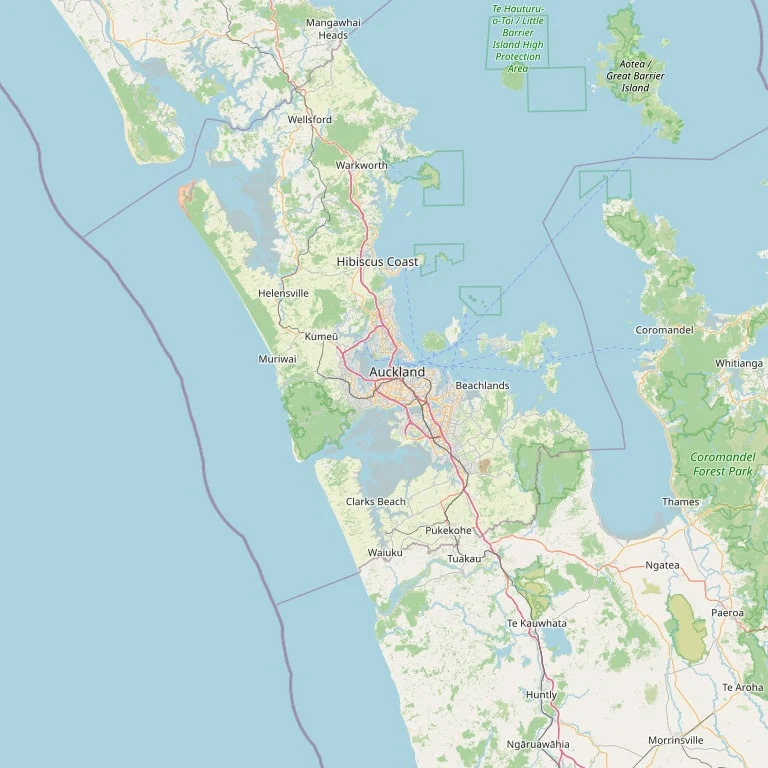 Auckland region map showing Auckland, Hibiscus Coast, Pukekohe and surrounding areas