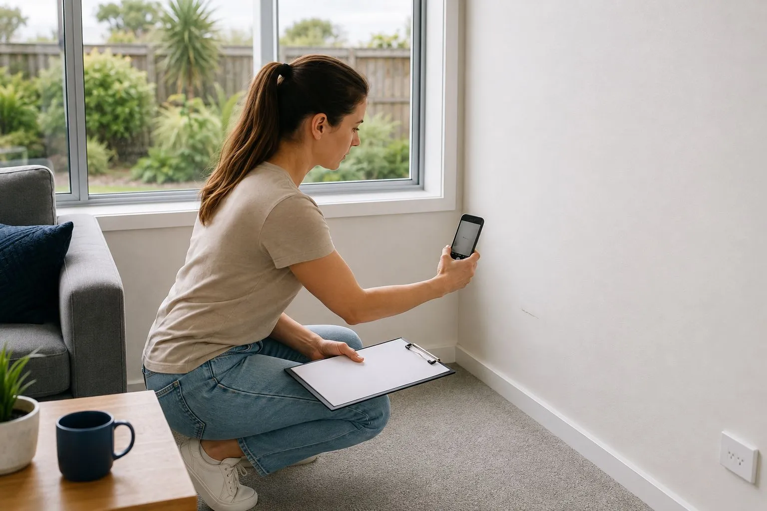 Tenant photographing a small wall mark and holding a property condition record in an Auckland rental