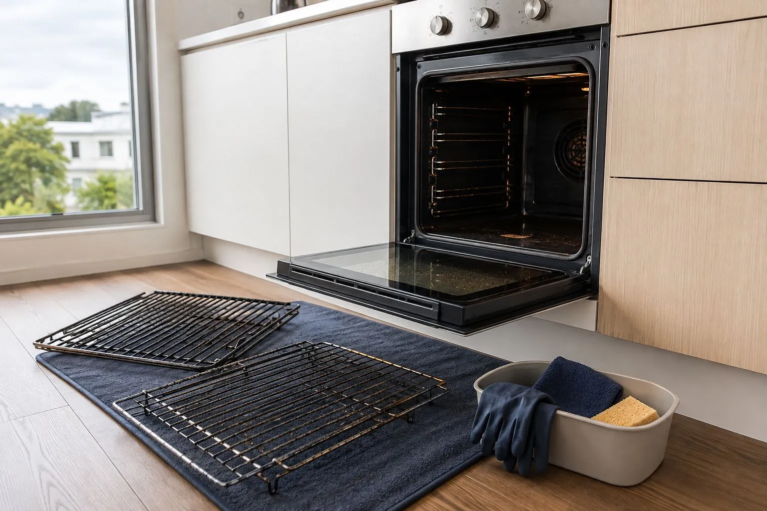 Open oven with removable racks on a protective mat before cleaning